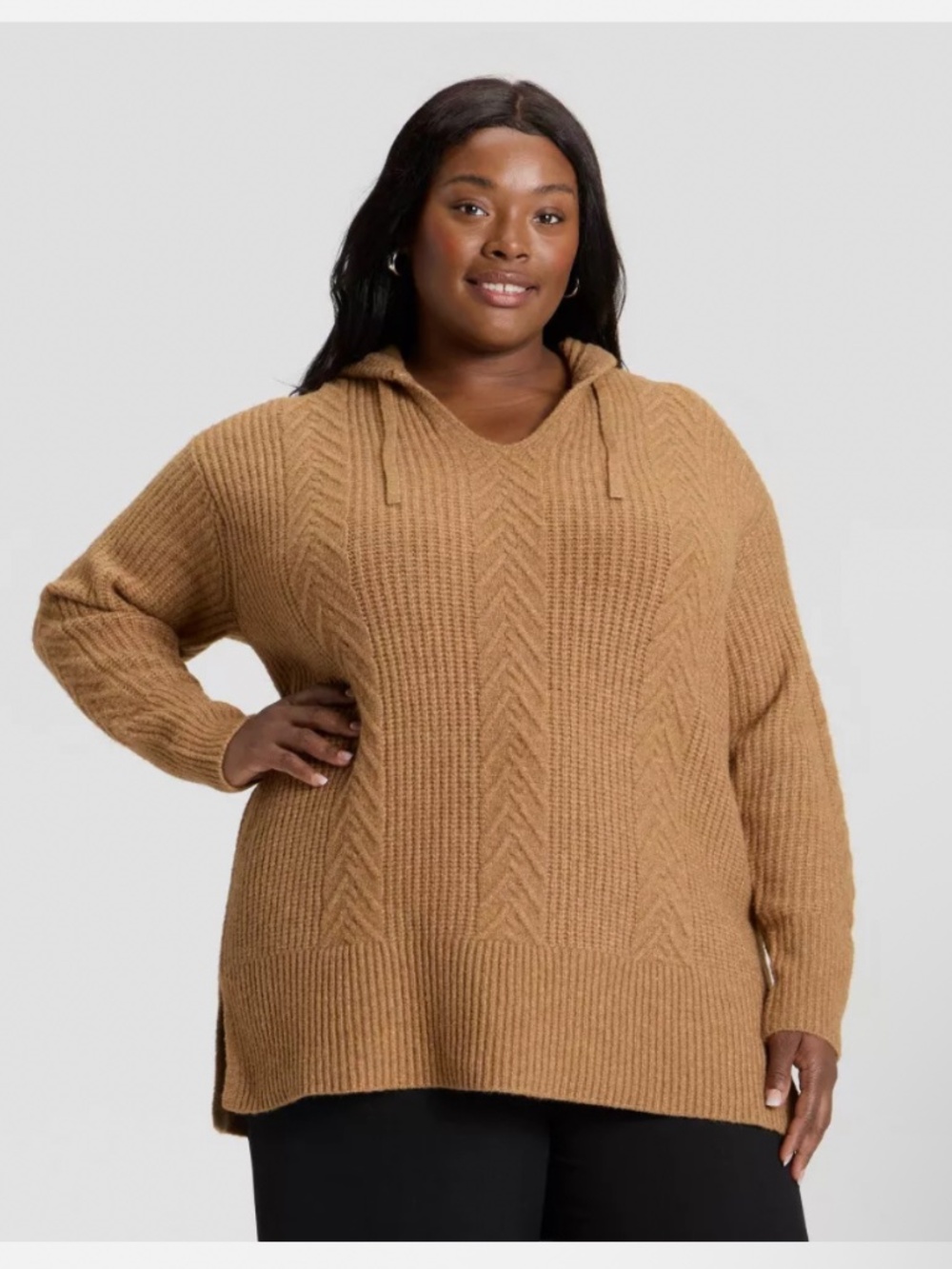 Ava & Viv Cozy Cable Knit Hooded Tunic Sweater Brown 1X NWT